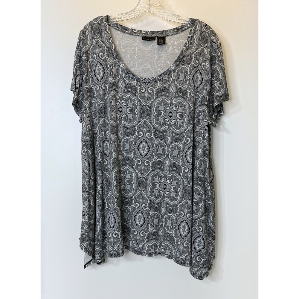 Tahari Womens 2X Asymmetrical Hem Short Sleeve Pullover Tunic Blouse Paisley